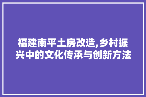 福建南平土房改造,乡村振兴中的文化传承与创新方法
