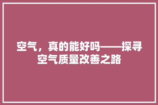 空气，真的能好吗——探寻空气质量改善之路