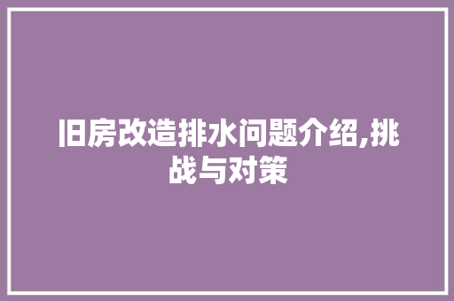 旧房改造排水问题介绍,挑战与对策 综合便民
